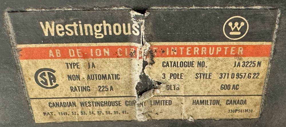 Westinghouse, AB De-Ion, JA3225N, 3-Pole, 225A, 600V Ac Max., Non-Automatic, No Trip Unit