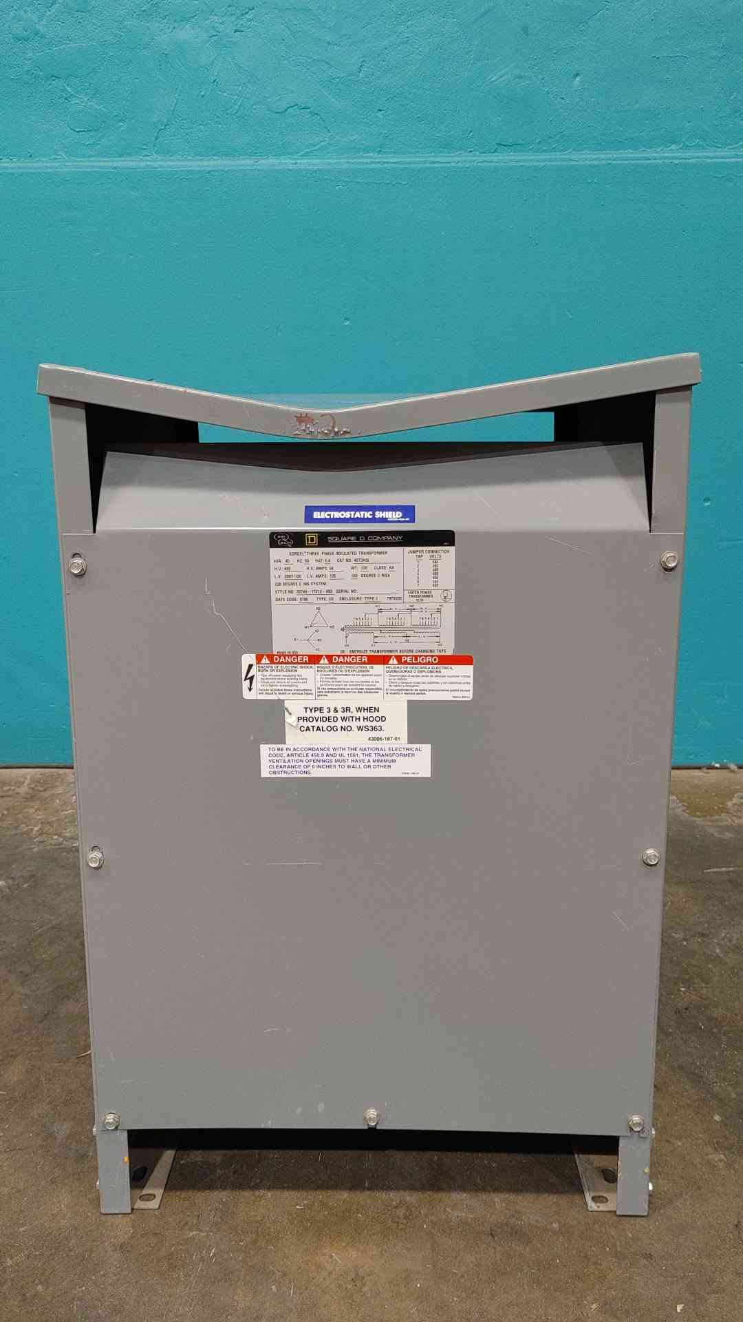 45 KVA 480 Primary, 208Y/120 Secondary, Square D Sorgel #45T3HIS, Transformer, 3 Phase, electrostatic shielded