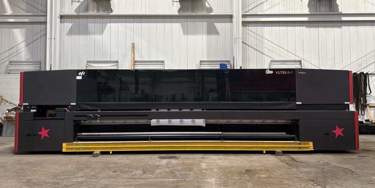 EFI #Vutek 5R Plus, Roll-to-Roll LED UV Printer, 208" max print width, 1,200 dpi, 18 printheads, 5,242