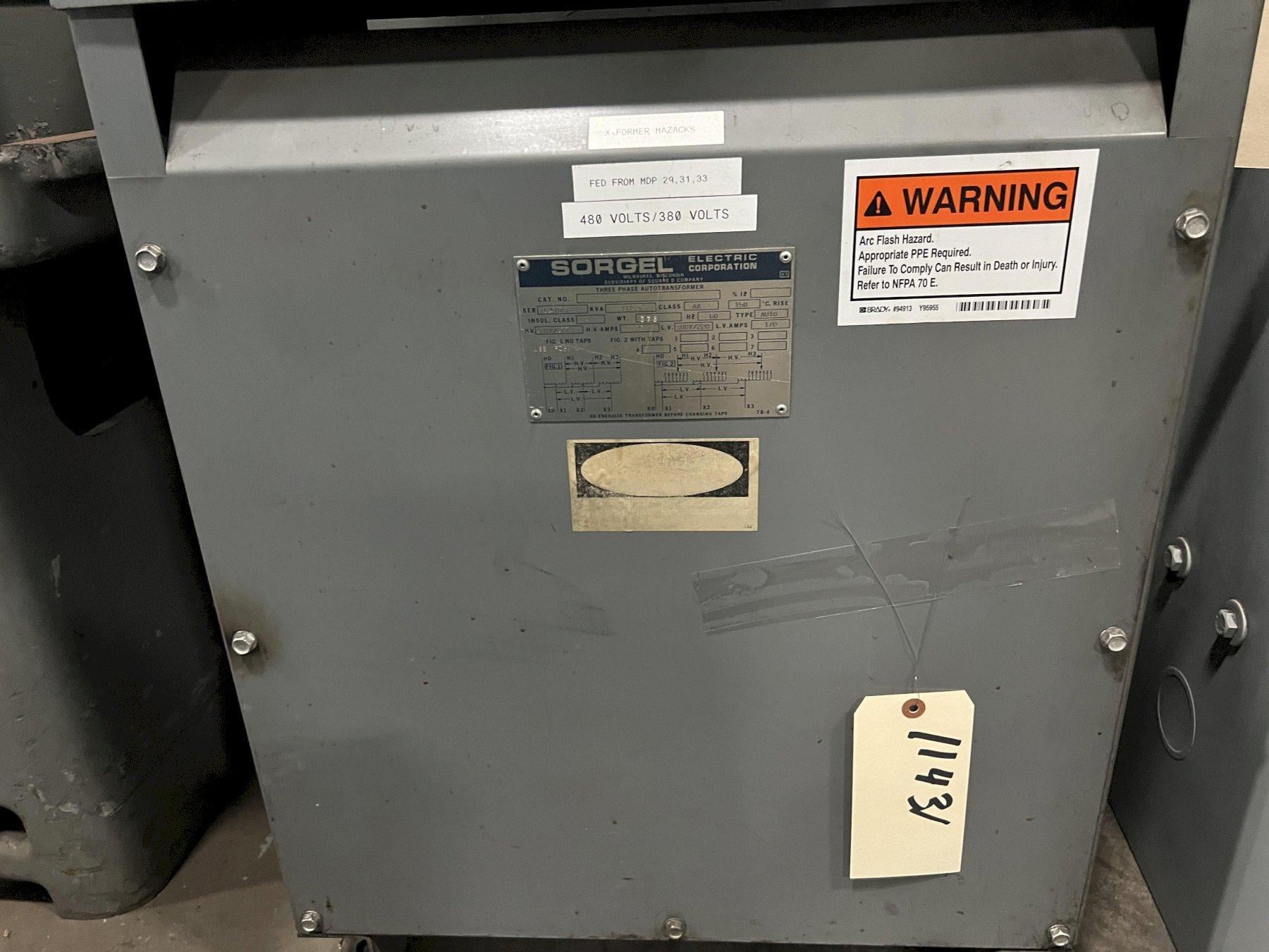 112.5 KVA 480Y/277 Primary, 380Y/220 Secondary, Sorgel, auto transformer, 3 phase, 60 Hz., 135/170 amps