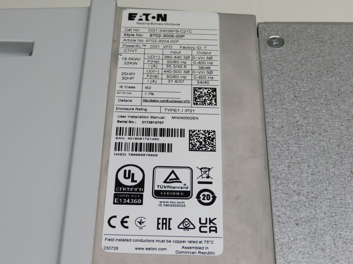25 HP Eaton #DG1-34038FB-C21C, PowerXL Adjustable Frequency Drive, 18 KW, 525-600 Volts Input, 38 Amp Output