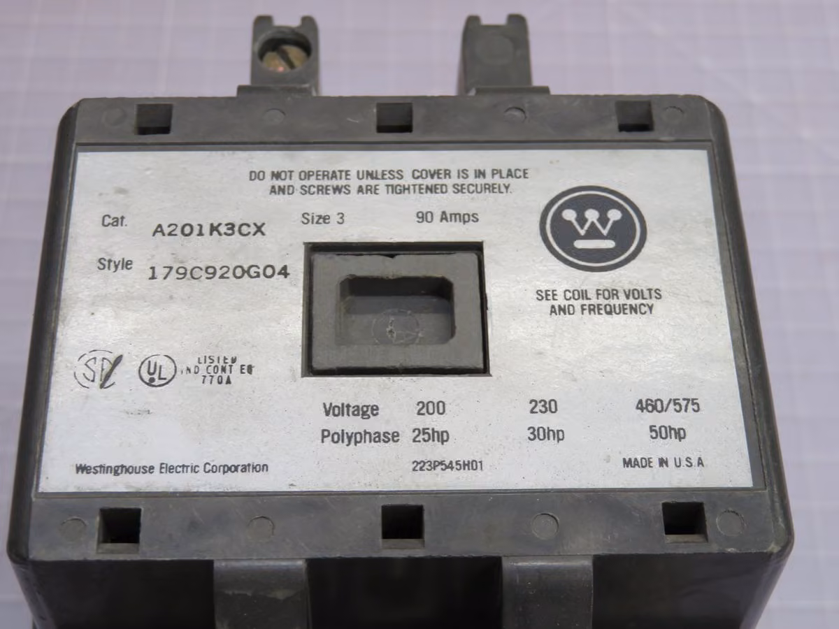 90 Amp, Westinghouse #A201K3CX, Contactor, 3 Pole, NEMA Size 3, 480 Volts 60 Hz. Coil