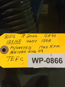 125 HP 1785 RPM Weg, Frame 444TSD, TEFC, 139 amp, 460V. Atlas Copco 1080-4146-09