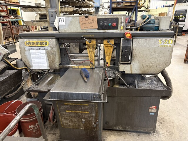 13" x 18" Hyd-Mech #S-20, horizontal band saw, 13' 6" x 1" x .032" blade, 90-370 FPM, 2 HP, 5,000 lb. max.