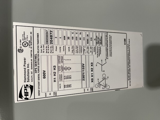 30 KVA 600 Primary, 230Y/133 Secondary, Hammond Power Solutions, Transformer, 3 Phase