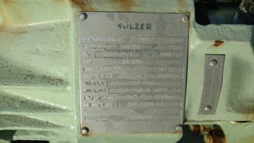 90 GPM @ 250' TDH, Sulzer, 1x2x81/2F-1 OHHL (end/top), 3560 RPM, unused, #2793