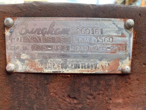 725 GPM @ 2485' TDH, Bingham, 4x6x10 MSD, 7 STG, 3560 RPM, #1276