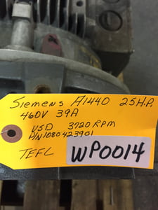 25 HP 3720 RPM Siemens, variable speed drive, TEFC. 39 amp, 460 Volts