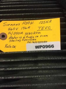 125 HP 3580 RPM Siemens, Frame 250M, TEFC, 136 amp, 460 Volts