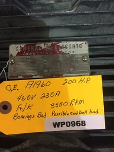 200 HP 3550 RPM General Electric, Frame K, ODP, 230 amp, 460 Volts