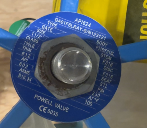 1-1/2" Powell #AP1624, gate valve, 150# class, flanged, F316/F316L stainless body, #12 trim, F316 stem, new