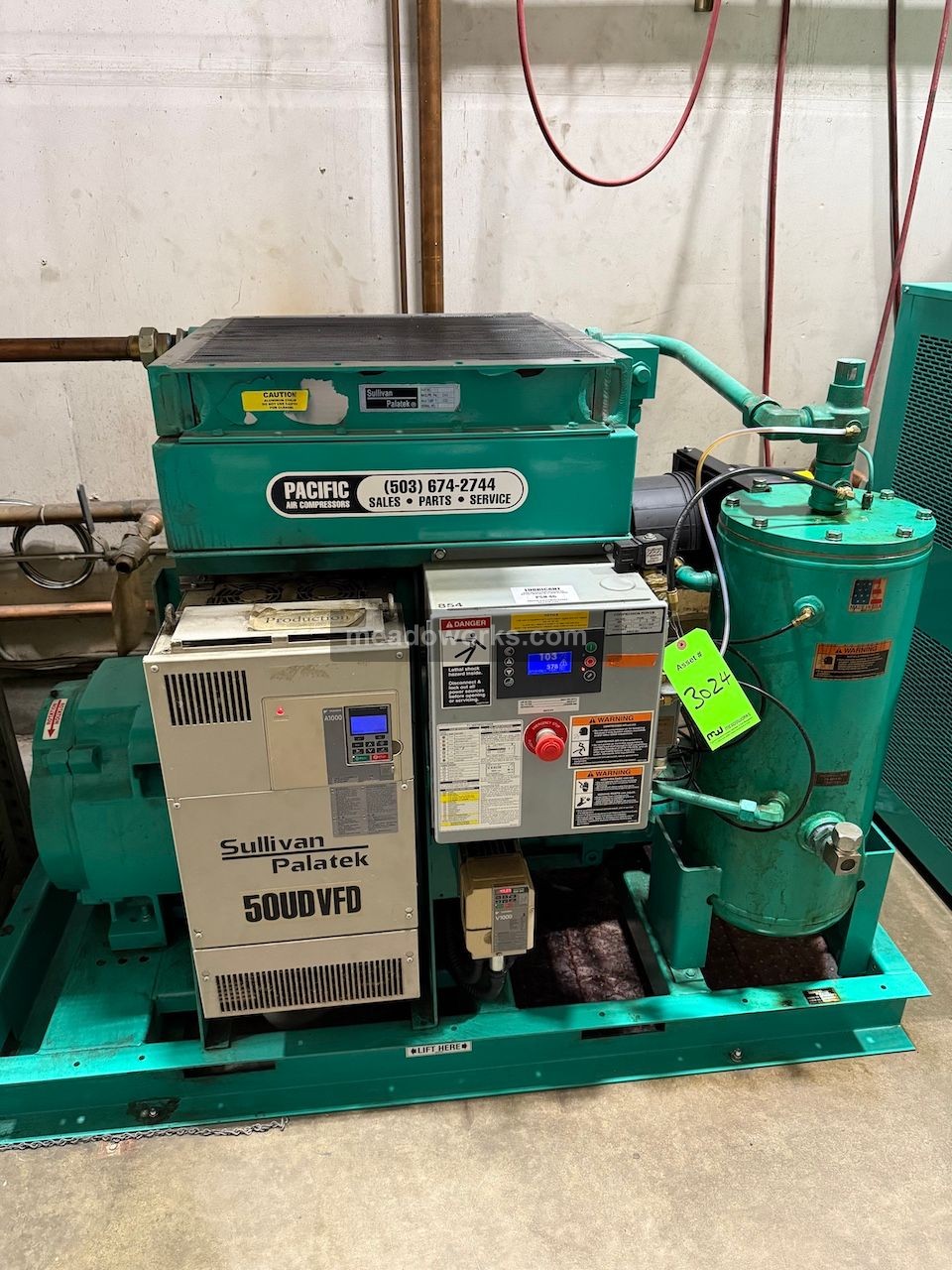 125 psig, Sullivan Palatek #50UD-VFD, Rotary Screw Air Compressor, 50 HP, 56 amps, Yaskawa A1000 variable