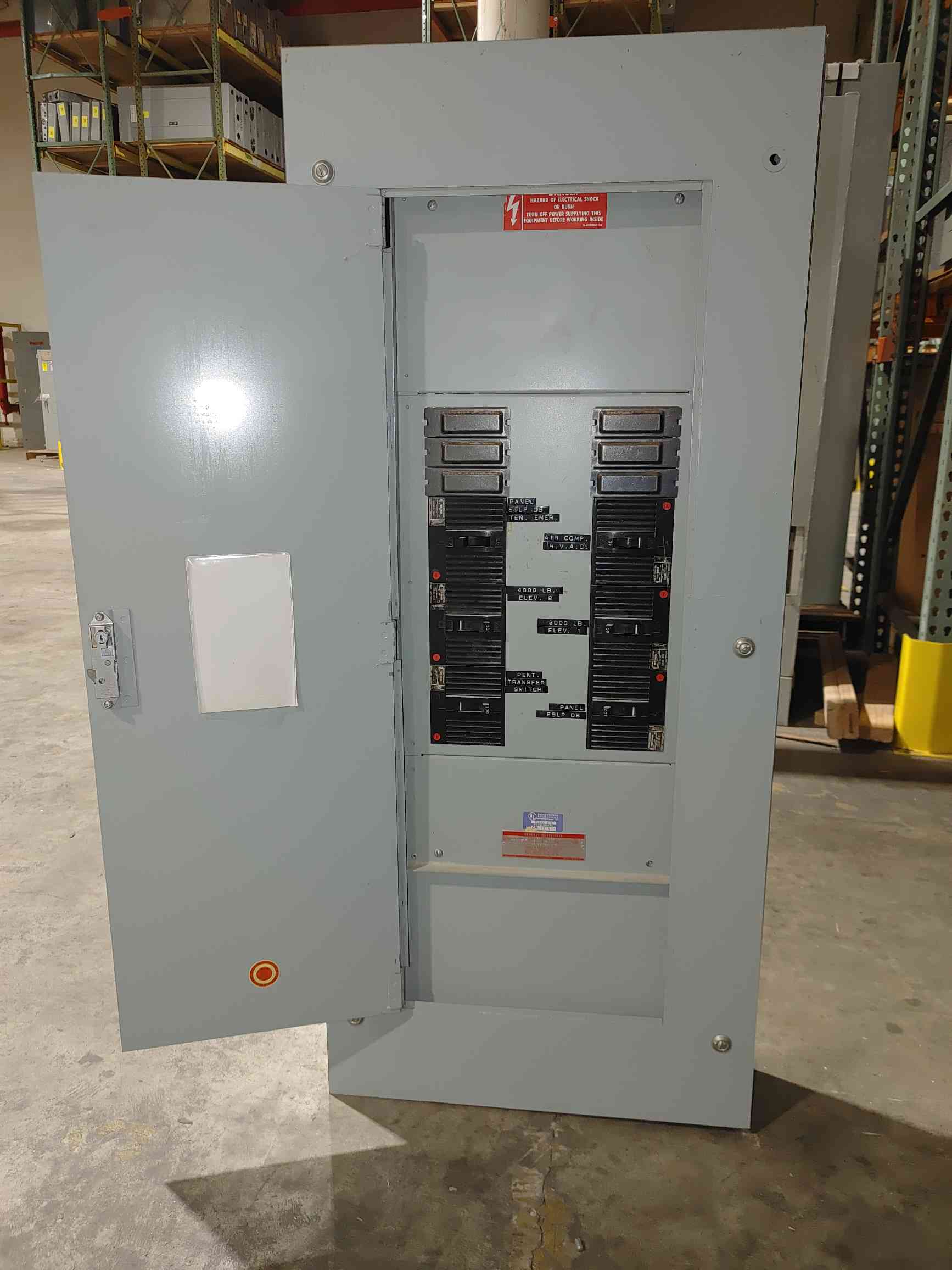 100 Amp. General Electric NHB, panelboard enclosure, 480 Volts, 3 phase, w/ 2 100A, 2 90A, 40A & 30A TED134