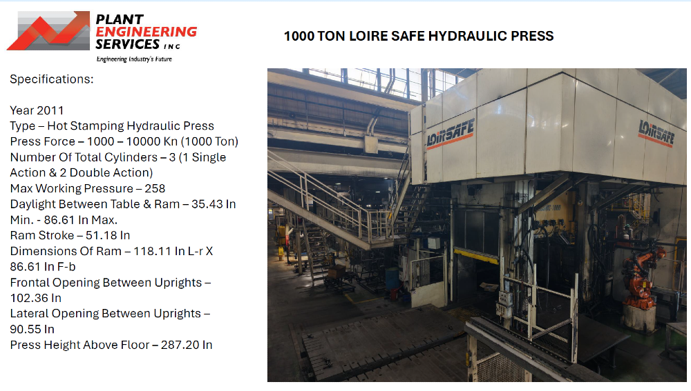 1000 Ton, Loire Safe, hot stamping hydraulic press, 51.1" stroke, 35.43" - 86.6" daylight, 118.11" x 86.61"