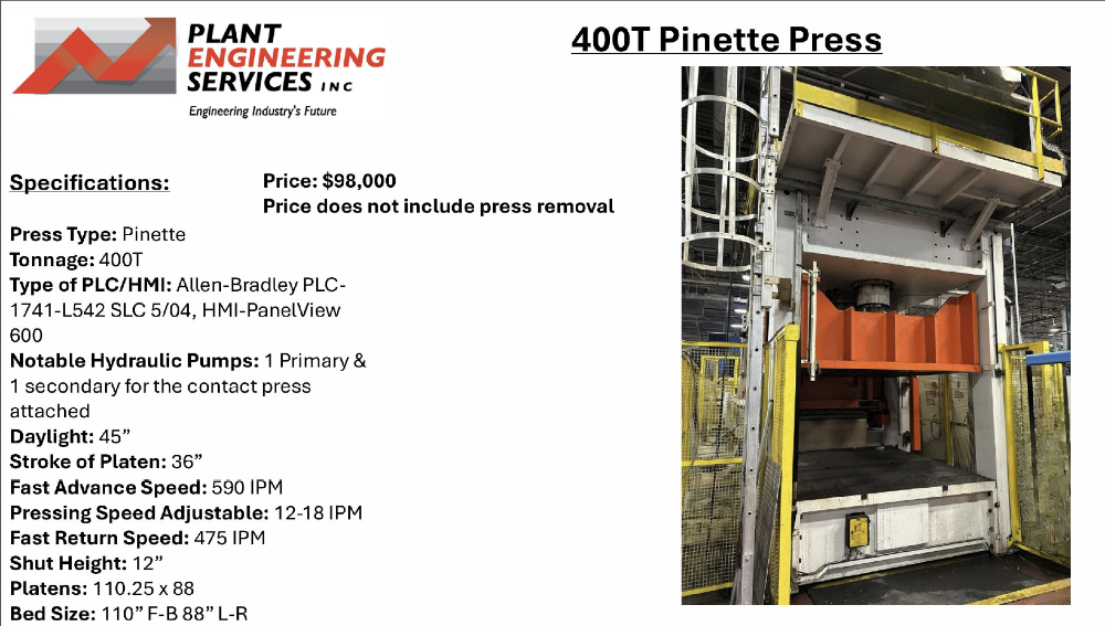 400 Ton, Pinette, hydraulic press, 36" stroke, 45" daylight, 12" Shut Height, 110" x 88" bed, 590 IPM fast