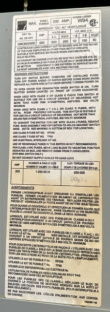 200 Amp. Federal Pioneer/Federal Pacific, QMQB2036B, Fusible Switch Unit, 3-Pole, 600VAC / 250VDC Max.CSA