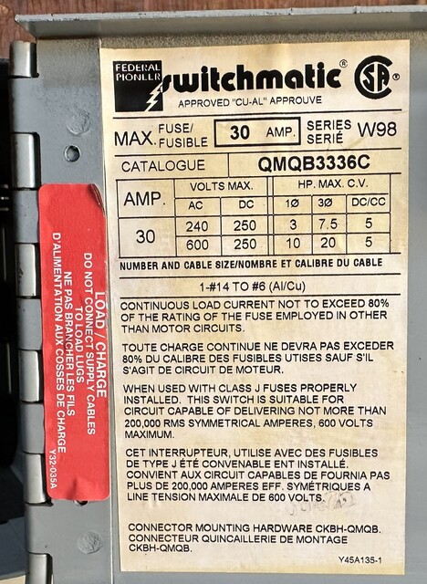 30 Amp. Federal Pioneer/Federal Pacific, QMQB3336C, Fusible Switch Unit, 3-Pole, 600VAC / 250VDC Max.CSA