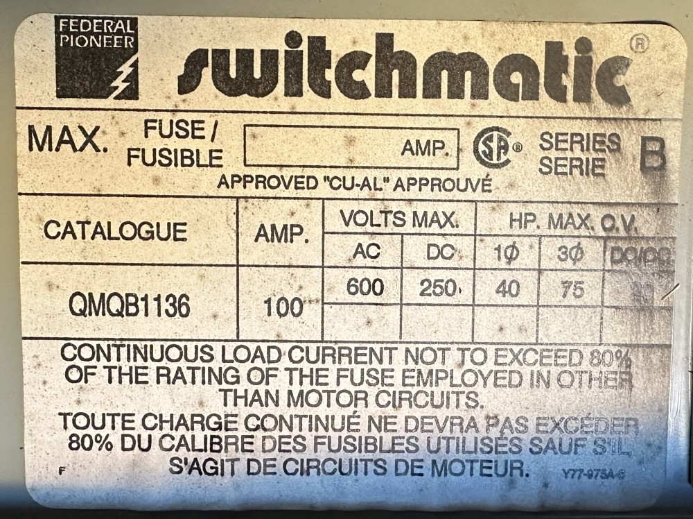 100 Amp. Federal Pioneer/pacific Switchmatic Switchmatic, QMQB1136, Twin Fusible Panelboard Switch, 3-Pole
