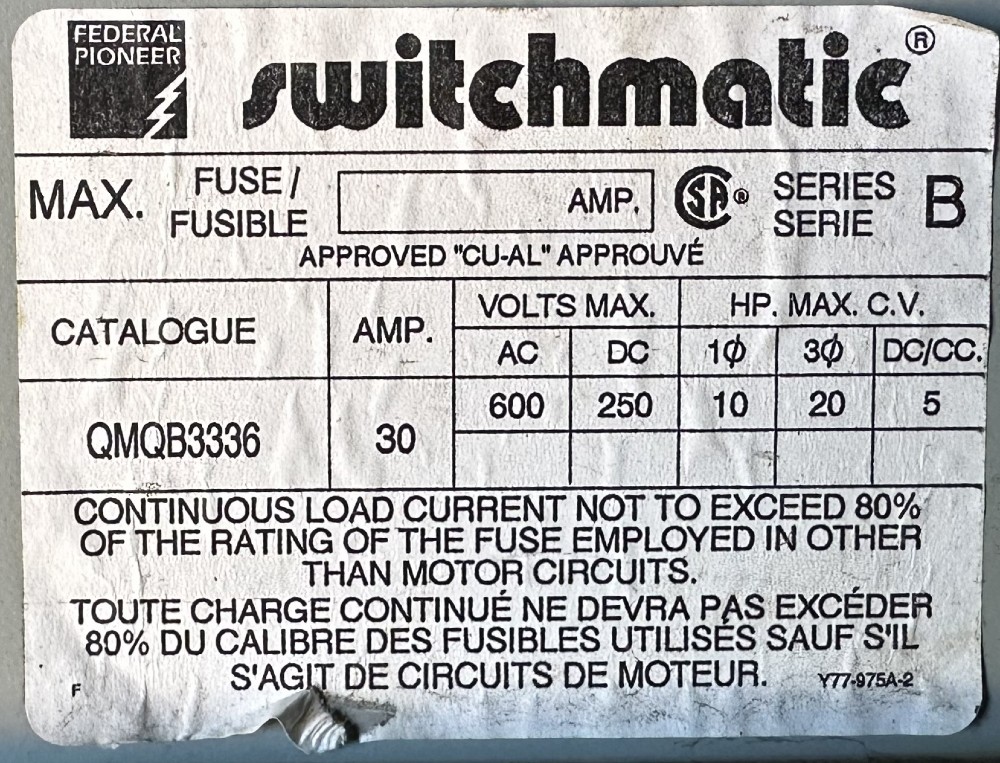 30 Amp. Federal Pioneer/Pacific, QMQB3336, Twin Fusible Panelboard Switch, 3-Pole, 600VAC/250VDC Max.