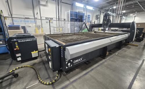 Omax #Optimax-80X, CNC waterjet, 181" x86" table, 160" X, 80" Y, 12" Z, 60000 psi, 50 HP, 5-axis cutting