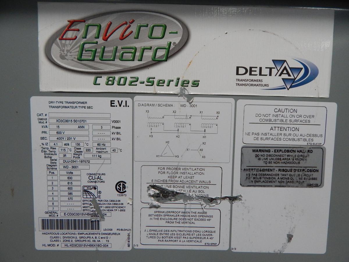 15 KVA 600 Primary, 400Y/231 Secondary, Delta Transformers #XD3C0015, Enviro-Guard Dry Type Transformer, 60