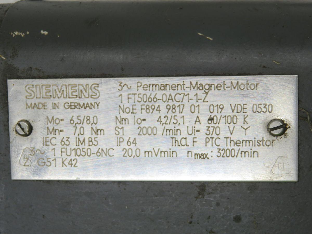 1.7 kW Siemens #1FT5066-0AC71-1-Z, AC Servo Motor, 2000 RPM, 8.0 Nm, IP64
