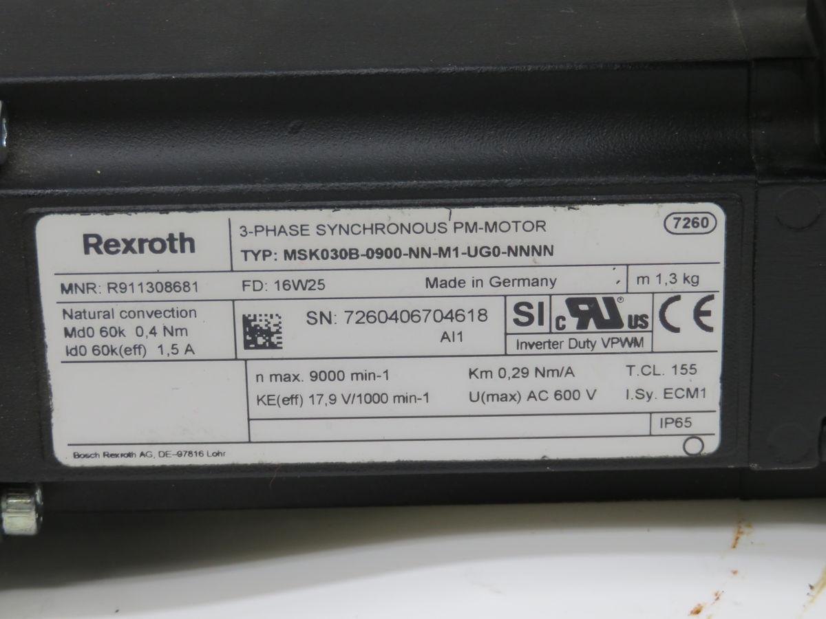 3.77 kW Rexroth #R911308681, Servo Motor, 9000 RPM, 4 Nm, 600 Volts, IP65, with brake (2 available)