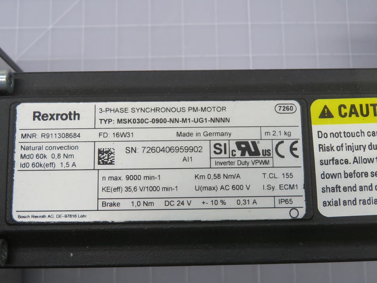 Rexroth #R911308684, Servo Motor, 3000 RPM, 10.5 Nm, IP65, with brake
