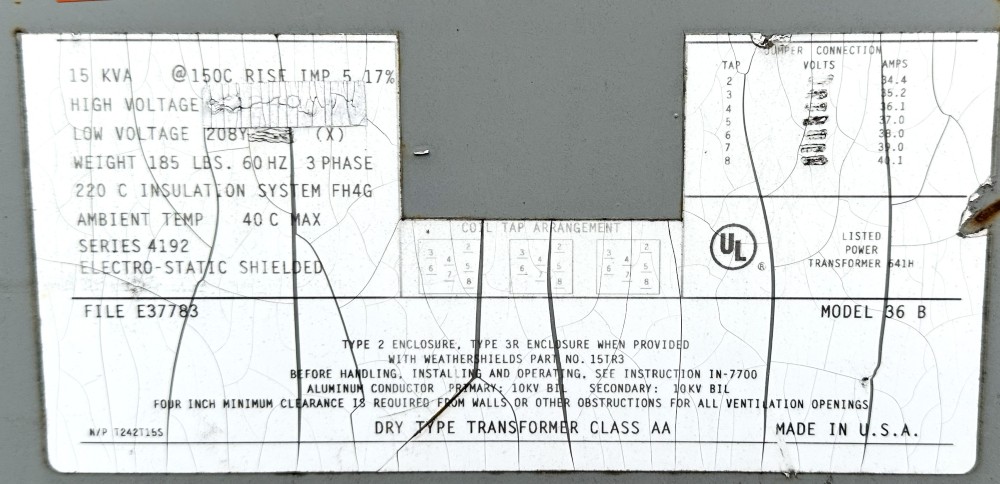 15 KVA 240 Primary, 208Y Secondary, Federal Pacific, Isolation Dry Type Transformer, 3-Phase, 60 Hz