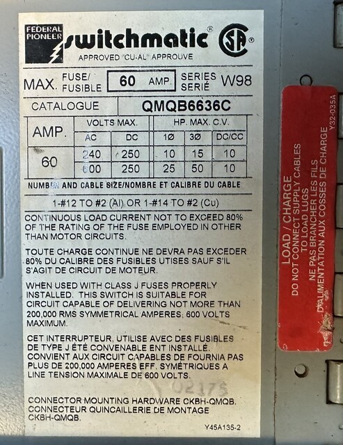 60 Amp. Federal Pioneer / Pacific, Switchmatic, Twin Fusible Panelboard Switch, 600VAC, 3-Pole, Series W98