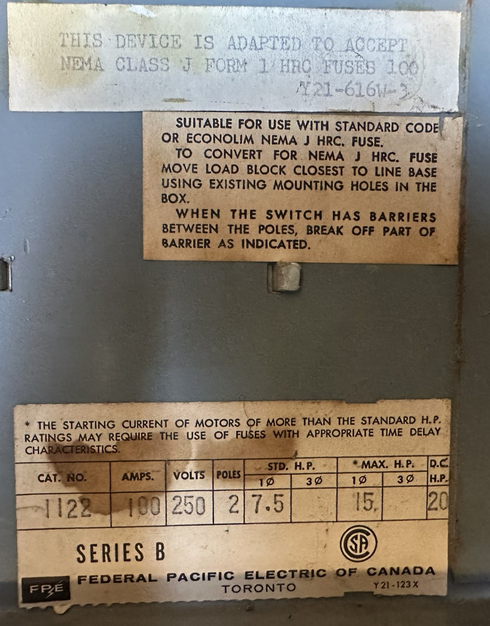 100 Amp. Federal Pacific Of Canada Pacific Electric of Canada, Twin Fusible Panelboard Switch, 100A Ea