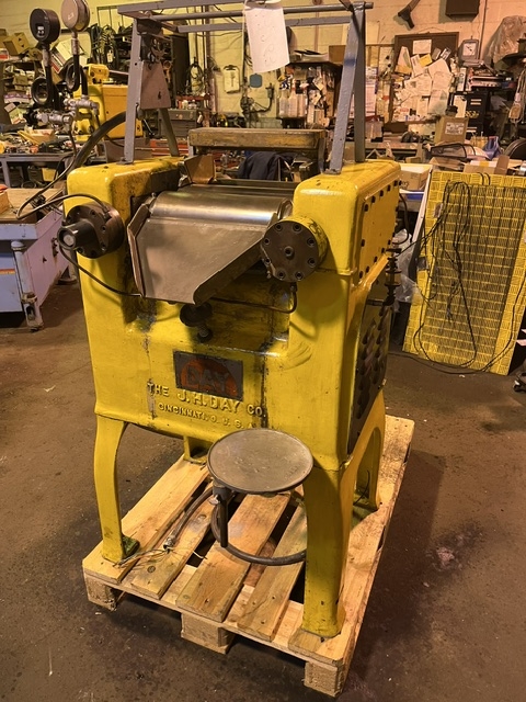 5" x 12" J.h. Day #5x12, 3 Roll Mill, jacketed rolls, adjustable rolls w/ hand hydraulic pump, 158/81/31 RPM