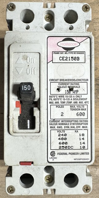 150 Amps, Federal Pioneer, MCCB, Horizon Series, 2-Pole, 600V MAX, Fixed Trip, Max. IR 18 kA @ 240V