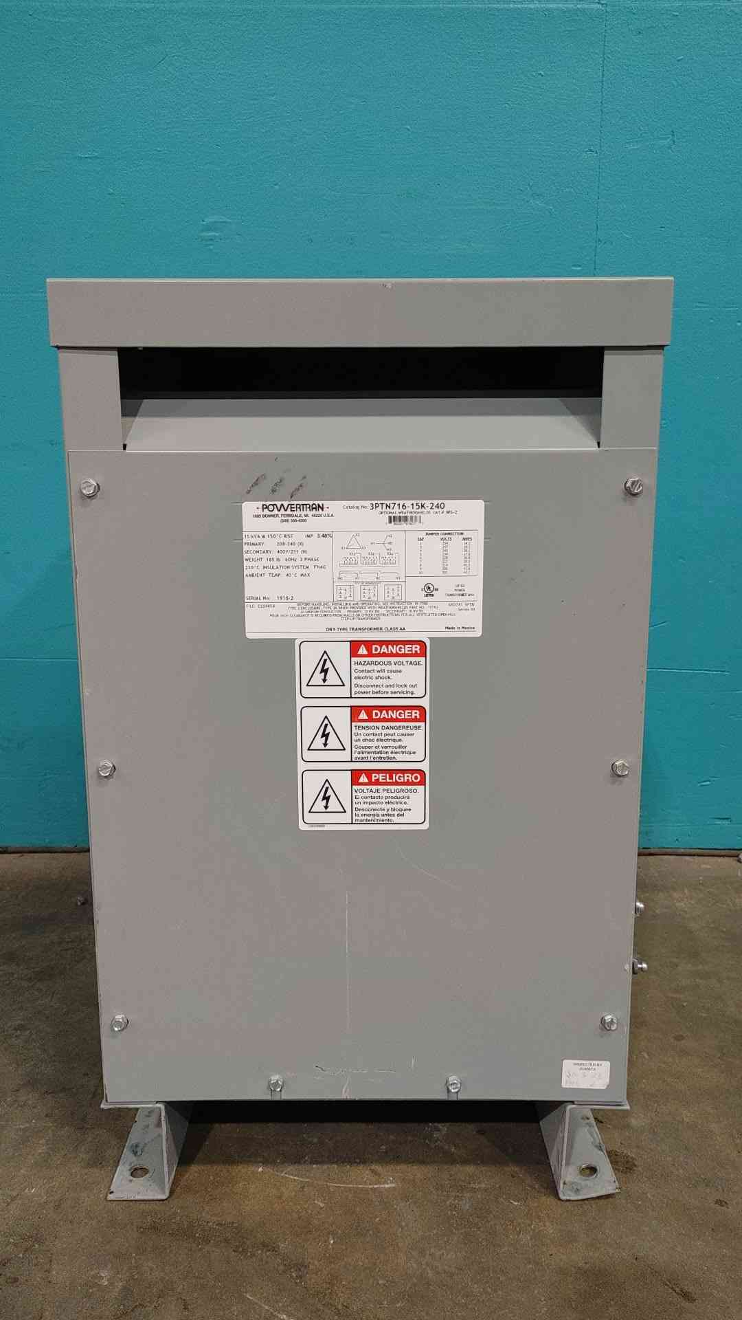 15 KVA 208-240 Primary, 400Y/231 Secondary, Powertran, Step Up Transformer, delta to wye, 3 Phase