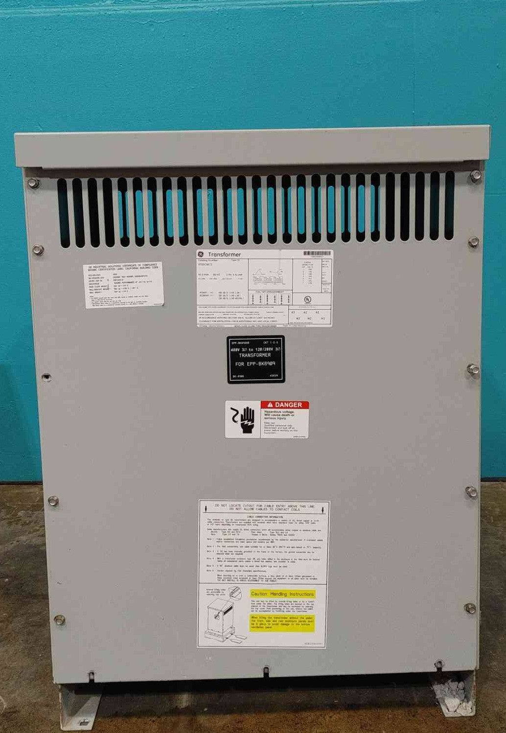 45 KVA 480 Primary, 208Y/120 Secondary, General Electric #9T83C9873, Dry Type Transformer, 3 Phase