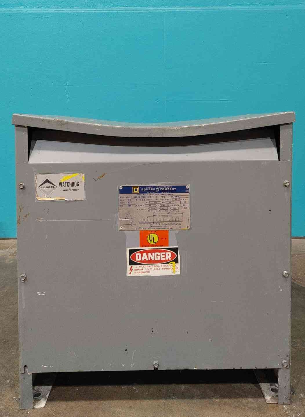30 KVA 480 Primary, 208Y/120 Secondary, Square D Sorgel #30T3HB, Transformer, 3 Phase, Watchdog