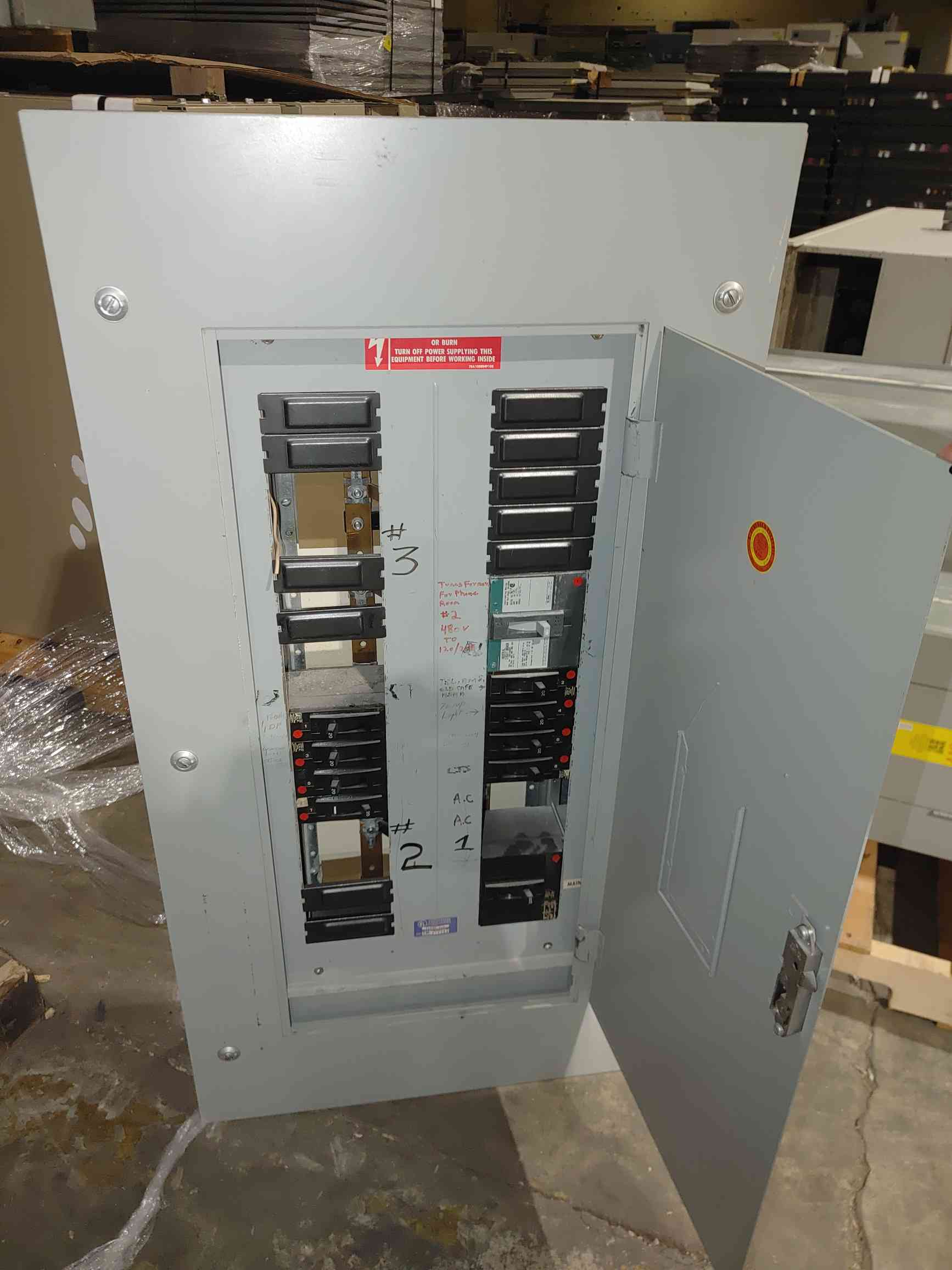100 Amp. General Electric, NHB, Panelboard, 480 Volts, 3 phase, enclosure, TEY 20A 1-pole, 45A & 100A 3-pole