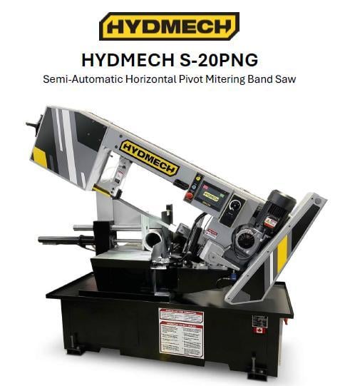 13" x 18" Hyd-Mech #S-20PNG, semi-automatic mitering band saw, 13" round, 3 HP, 45-375 SFM, 1" x 14' 10"