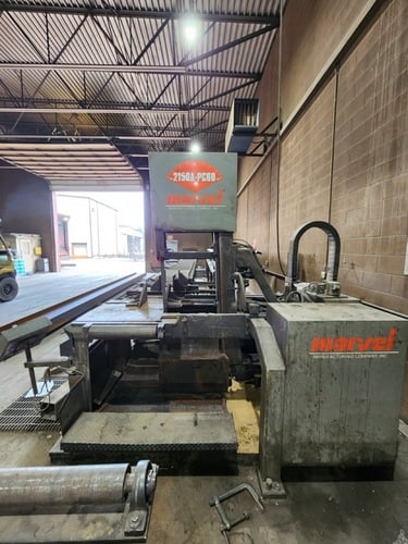 20" x 25" Marvel #2150A-PC2, tilt frame band saw, 30-500 FPM, 1.25" x 17' 6" blade, 99" max. index length