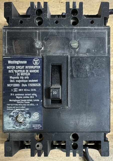30 Amps, Westinghouse, Motor Circuit Interrupter, 3-Pole, 30A Frame Rating, 600VAC Max., Adjustable Magnetic