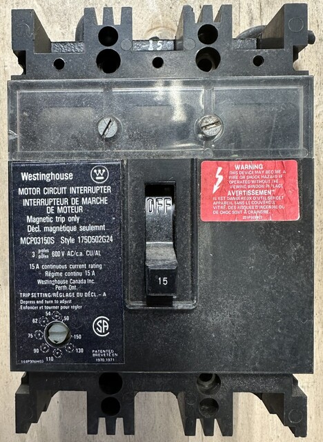15 Amps, Westinghouse, Motor Circuit Interrupter, 3-Pole, 15A Frame Rating, 600VAC Max., Adjustable Magnetic