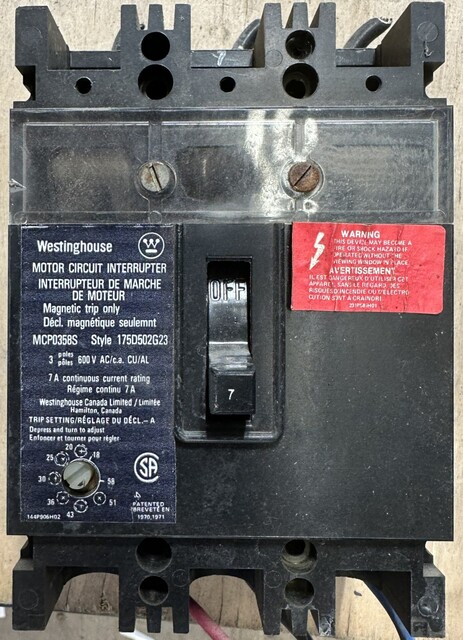 7 Amps, Westinghouse, Motor Circuit Interrupter, 3-Pole, 7A Frame Rating, 600VAC Max., Adjustable Magnetic