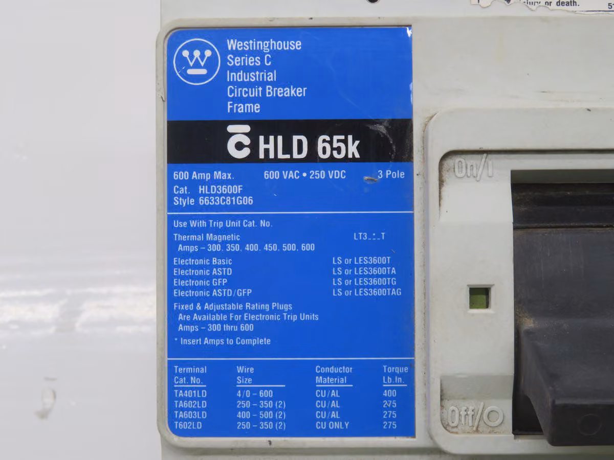 600 Amp, Westinghouse #HLD3600F, Circuit Breakers, 600 A Rated, 600 VAC/250 VDC Volt, 100 Ka Int.