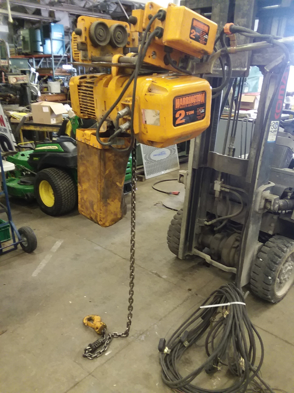 2 Ton, Harrington #NER020S, Electric Chain Hoist, 15' lift, 28 FPM, motorized trolley, 240/480 V., 3 Ph., 2001