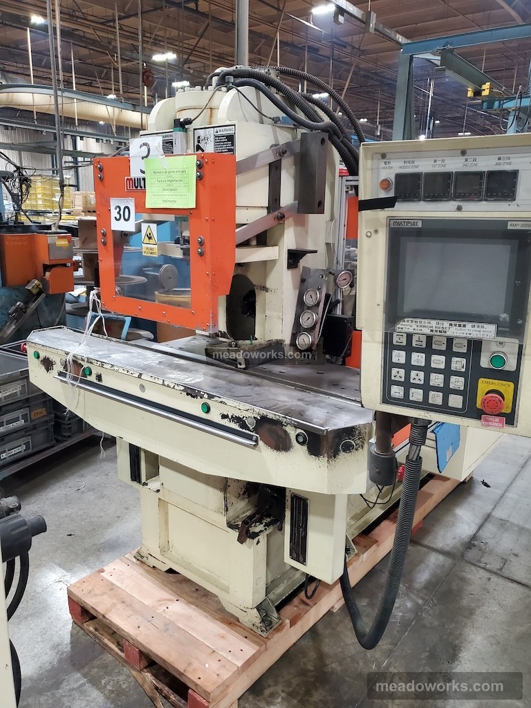 35 Ton, 3.2 oz., Multiplas #VC-SD-35T, Vertical Injection Molding Machine, shuttle table, 1-3/16" screw