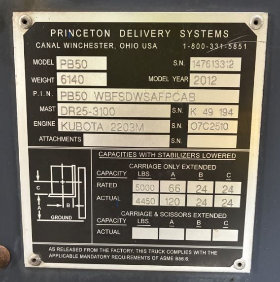 5,000 LB Princeton #PB50, Diesel Forklift, 120" max. fork height, pneumatic tires, 1,224 hours, no forks, 2012