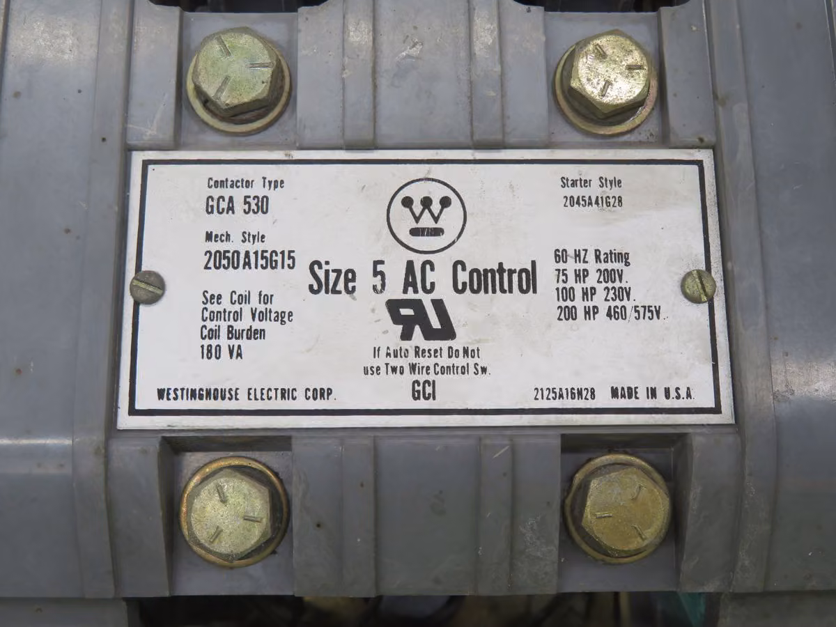 270 Amp, Westinghouse #GCA530, Contactor, 3-Pole, NEMA 5, 600V Rated, 200 HP Motor, 270A Current