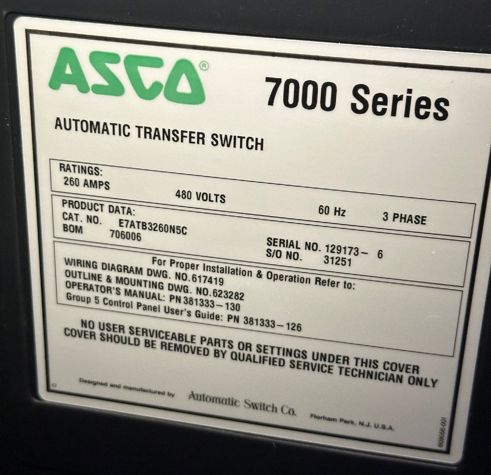 ASCO E7ATB3260N5C Automatic Transfer Switch, 260 amp, 480 Volts, 60Hz, 3 Phase (7 Available)