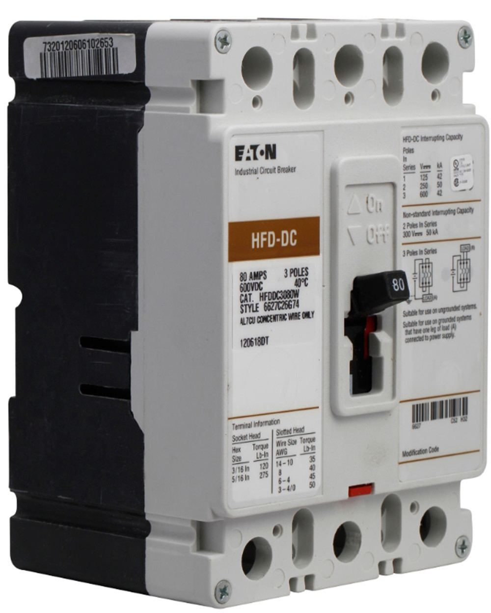 80 Amp, Eaton #HFDDC3080W, Series C DC/PvGard Circuit Breaker, F-Frame, HFD, 3-Pole, NEW