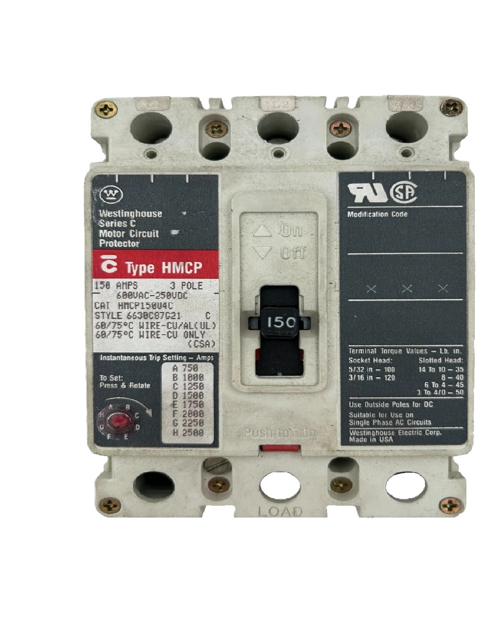 150 Amp, Eaton #HMCP150U4, Motor Circuit Protection Breaker, 3-Pole, NEW